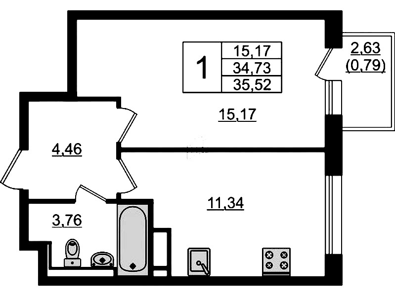 1-комнатная квартира 35.52 м², 10/12 эт., ЖК «Новые Лаврики»